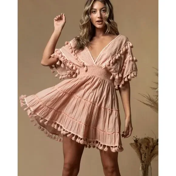 Z&L Europe Blush Pink Plunge Neck Tassel Mini Dress Cover Up Size L - Picture 1 of 12